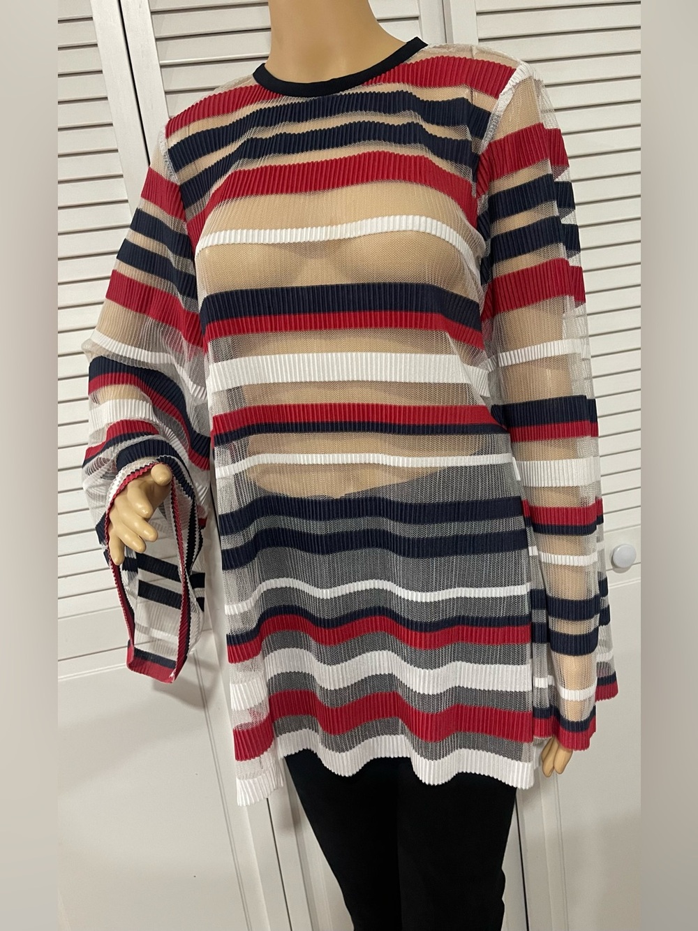 Alice McCall Striped Sheer Knit Top in Navy, Red, White
